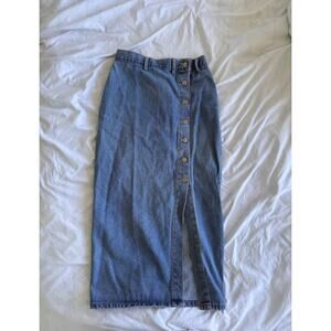 Asymmetric button denim maxi skirt